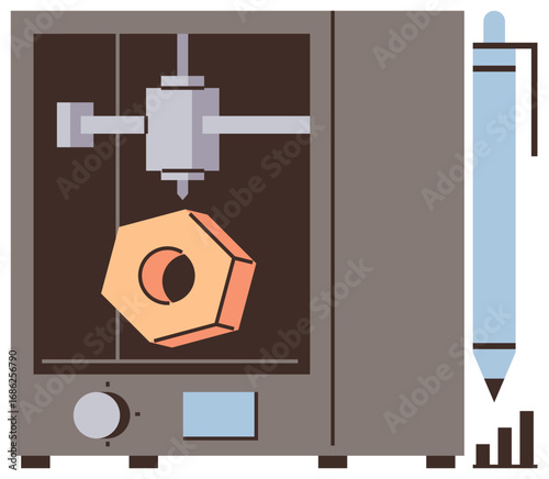 Modern 3D printer producing a geometric hexagonal figure, accompanied by a pen and bar graph. Ideal for tech innovation, manufacturing, design, engineering, prototyping, creativity, simple flat