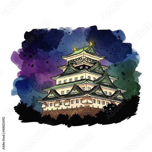 An illustration of a traditional Japanese castle with green roofs against a vibrant watercolor night sky.