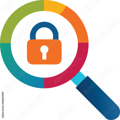 Magnifying glass over padlock icon with segmented ring