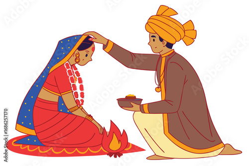 Traditional Indian Wedding Ceremony The Bride and Groom Celebrating Their Sacred Union With Fire and Blessings