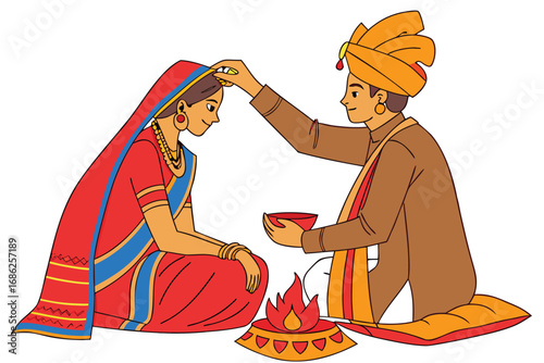 Traditional Indian Wedding Ceremony The Bride and Groom Celebrating Their Sacred Union With Fire and Blessings