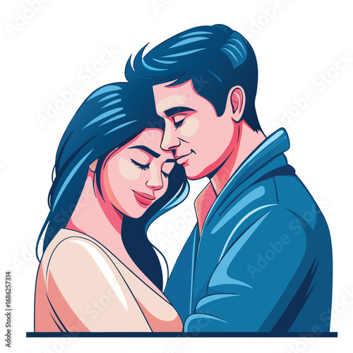 A Serene Couple's Embrace Vector Illustration of Love and Affection with Closed Eyes and Peaceful Smiles in Blue and Pink