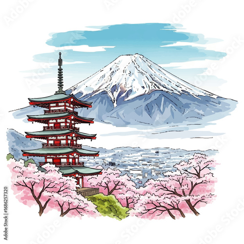 Watercolor illustration of a Japanese pagoda, cherry blossoms, and Mount Fuji under a cloudy sky.