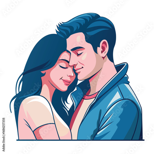 A Serene Couple's Embrace Vector Illustration of Love and Affection with Closed Eyes and Peaceful Smiles in Blue and Pink