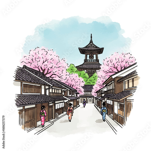 Illustration of a traditional Japanese street scene with cherry blossoms and figures walking.