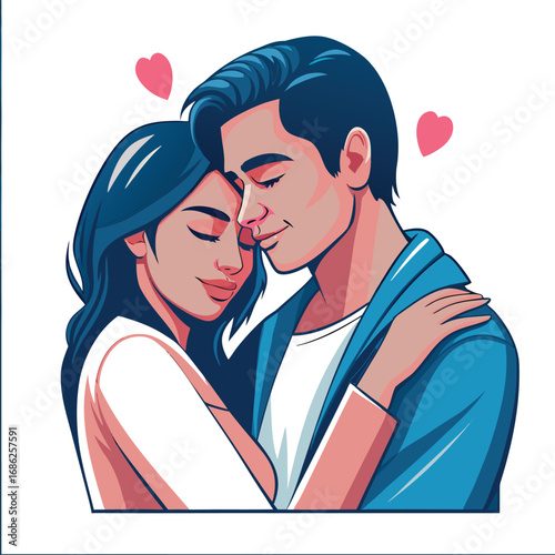 A Serene Couple's Embrace Vector Illustration of Love and Affection with Closed Eyes and Peaceful Smiles in Blue and Pink