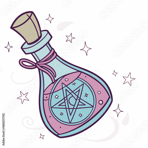 Vector art of a magical potion in a bottle with cork in cartoon style