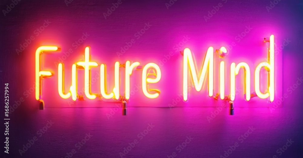 Obraz premium Bright neon sign displays words Future Mind. Pink backdrop enhances glowing orange lettering. Simple, modern aesthetic.