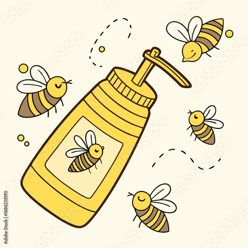 Vector art of honey bottle with bees flying around