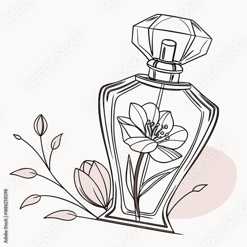 Vector art of perfume bottle with flower, hand drawn line art