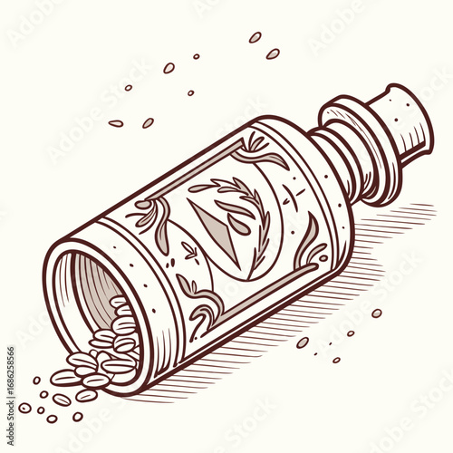 Vector art of vintage medicine bottle with pills spilling out