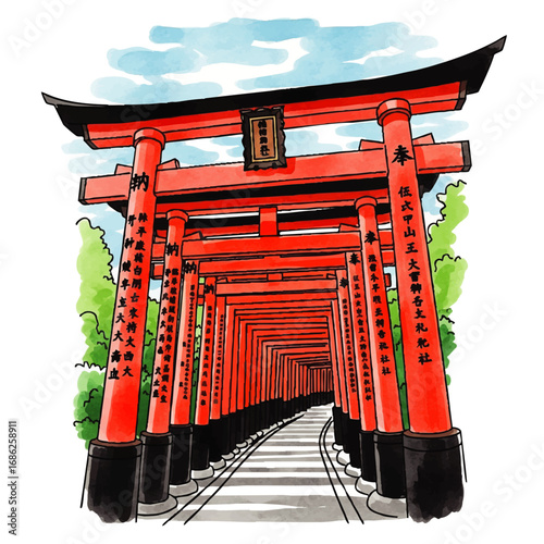 Vibrant watercolor painting of a path leading through a tunnel of iconic red torii gates in Japan.