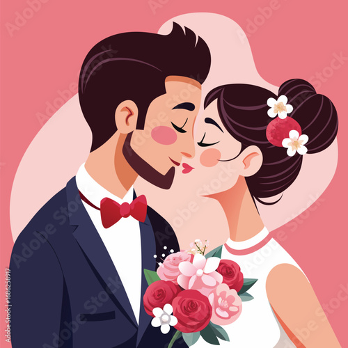 Vector Art Illustration of a Newly Married Couple Sharing a Loving Moment on their Wedding Day