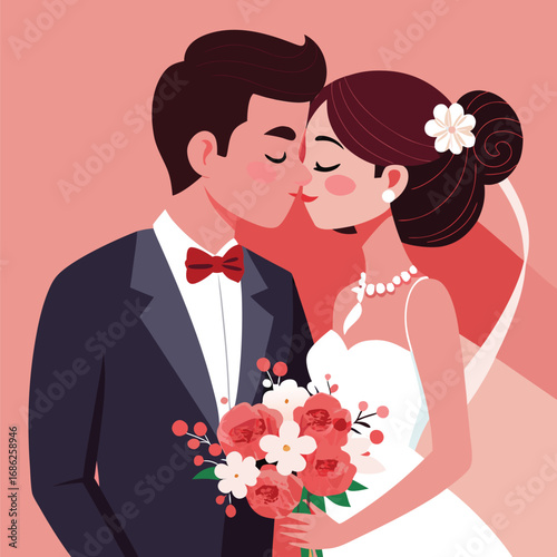 Vector Art Illustration of a Newly Married Couple Sharing a Loving Moment on their Wedding Day