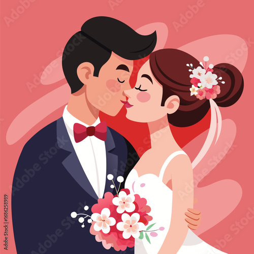 Vector Art Illustration of a Newly Married Couple Sharing a Loving Moment on their Wedding Day