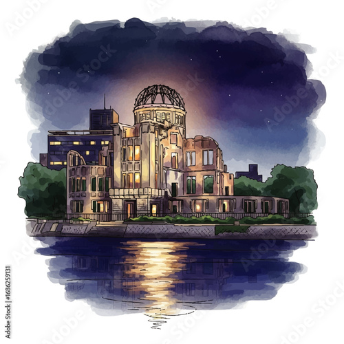A beautiful watercolor illustration of the Hiroshima Peace Memorial, the A-Bomb Dome, illuminated at night and reflecting in the water.