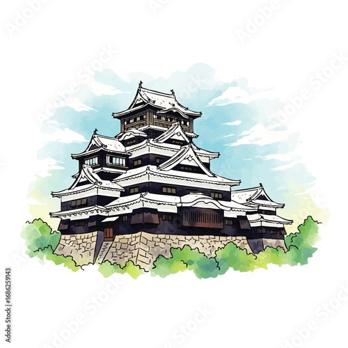 Watercolor illustration of a traditional Japanese castle with multiple tiered roofs and stone foundations, set against a backdrop of green foliage and a cloudy sky.