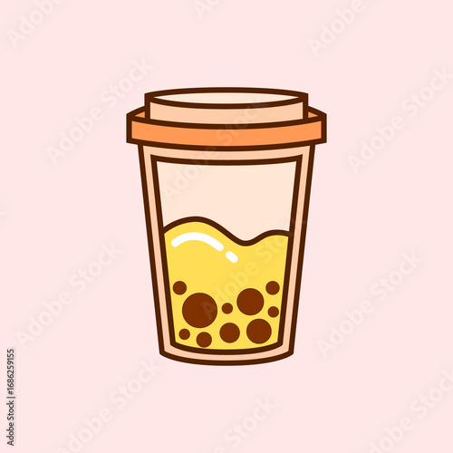 Bubble Tea Cup Illustration Refreshing Drink with Tapioca Pearls or Boba. Perfect for use in food branding, digital stickers, menu design, beverage packaging, kawaii art