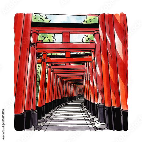 A vibrant watercolor illustration depicts a pathway lined with numerous bright red torii gates, creating a tunnel effect with dappled sunlight filtering through.