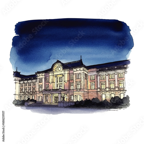 Watercolor illustration of a grand, illuminated building under a dark, painted sky.