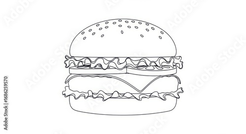 Classic hamburger outline drawing delicious fast food burger sandwich art for design and coloring pages