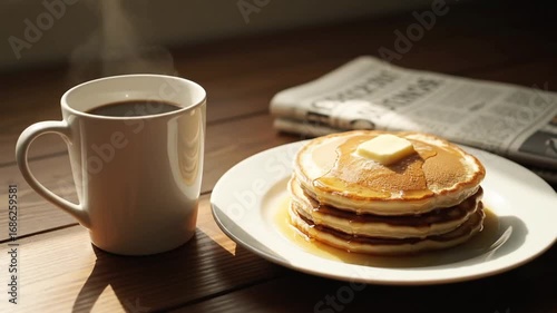 Steaming cup of coffee and a stack of delicious pancakes with butter and syrup on a wooden table next to a newspaper