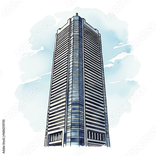 Illustration of a tall skyscraper with a modern design, featuring horizontal lines and a blue watercolor-style background.