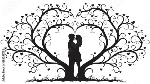 Romantic Silhouette of Couple Embracing Beneath Heart Shaped Tree A Symbolic Depiction of Love Connection and Nature's Embrace
