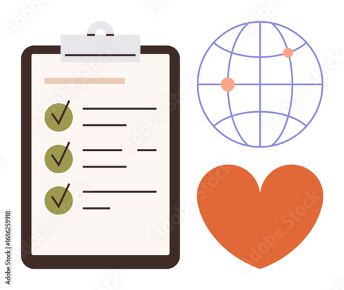 Clipboard with checklist, globe with nodes, and heart shape illustrating organization, global connectivity, and compassion. Ideal for teamwork, social causes, sustainability, management wellness