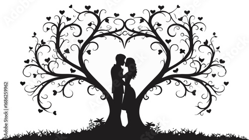Romantic Silhouette of Couple Embracing Beneath Heart Shaped Tree A Symbolic Depiction of Love Connection and Nature's Embrace