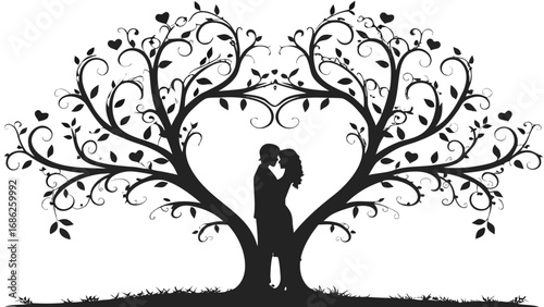 Romantic Silhouette of Couple Embracing Beneath Heart Shaped Tree A Symbolic Depiction of Love Connection and Nature's Embrace
