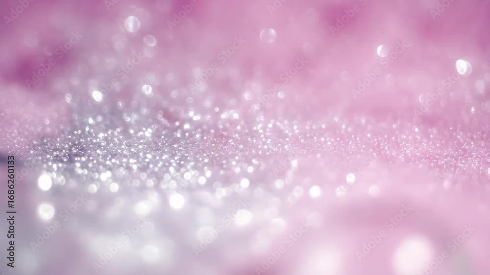 Close-up of sparkling pink glitter with water droplets and bokeh effects