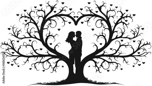 Romantic Silhouette of Couple Embracing Beneath Heart Shaped Tree A Symbolic Depiction of Love Connection and Nature's Embrace