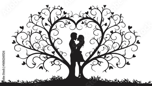 Romantic Silhouette of Couple Embracing Beneath Heart Shaped Tree A Symbolic Depiction of Love Connection and Nature's Embrace