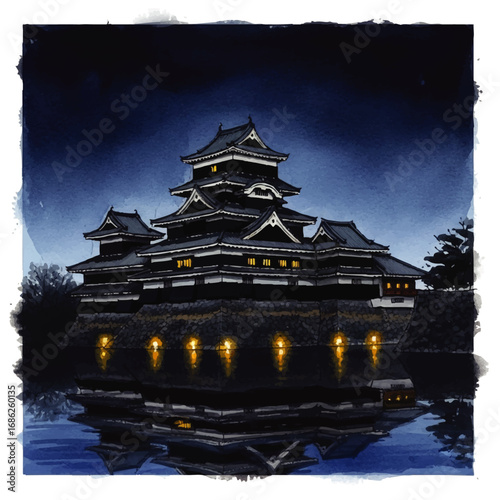 A traditional Japanese castle is illuminated against the dark night sky, its lights reflecting in the water.
