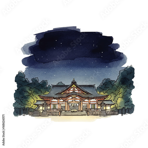 A beautiful watercolor illustration of a traditional Japanese shrine illuminated at night under a dark, starry sky.