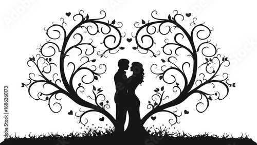 Romantic Silhouette of Couple Embracing Beneath Heart Shaped Tree A Symbolic Depiction of Love Connection and Nature's Embrace