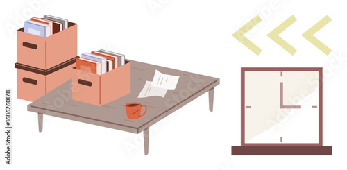 Desk holding file boxes, loose papers, and coffee cup. Retro wall clock and arrows suggest time management. Ideal for productivity, planning, efficiency, organization, office work time tracking