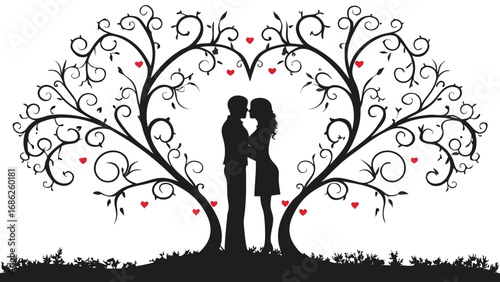 Romantic Silhouette of Couple Embracing Beneath Heart Shaped Tree A Symbolic Depiction of Love Connection and Nature's Embrace