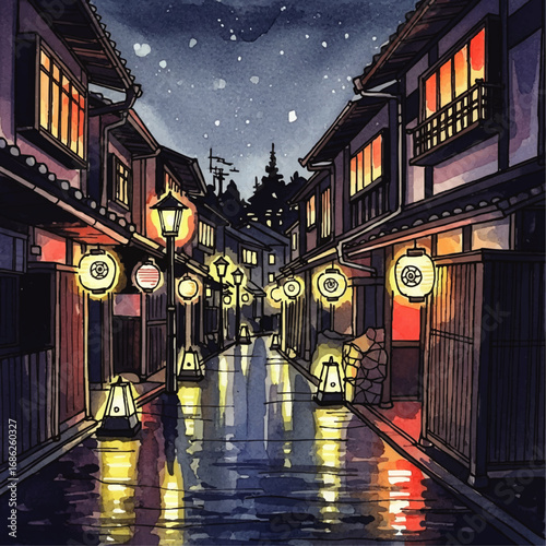 A serene nighttime street scene in a traditional Japanese town, illuminated by glowing lanterns and reflections on a wet path under a starry sky.