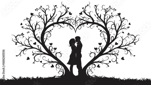 Romantic Silhouette of Couple Embracing Beneath Heart Shaped Tree A Symbolic Depiction of Love Connection and Nature's Embrace