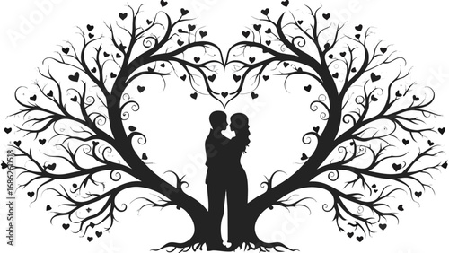 Romantic Silhouette of Couple Embracing Beneath Heart Shaped Tree A Symbolic Depiction of Love Connection and Nature's Embrace