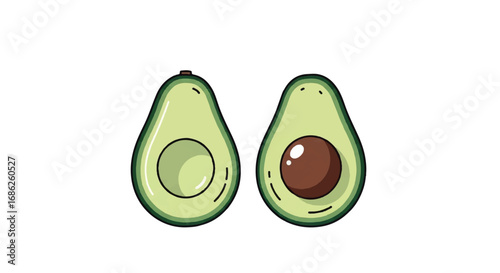 Two halves of an avocado one with a pit and one without on a white background.