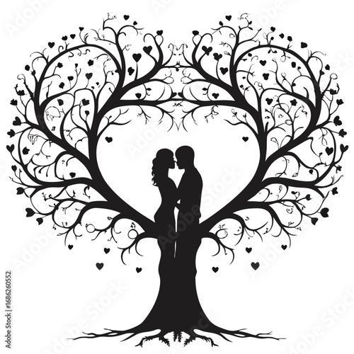 Romantic Silhouette of Couple Embracing Beneath Heart Shaped Tree A Symbolic Depiction of Love Connection and Nature's Embrace