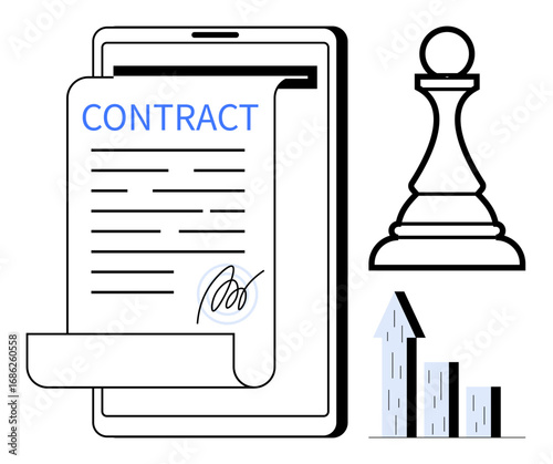 Digital contract on tablet with signature, chess pawn signifying strategic planning, and growth chart. Ideal for business, strategy, entrepreneurship, negotiation, investment, leadership simple