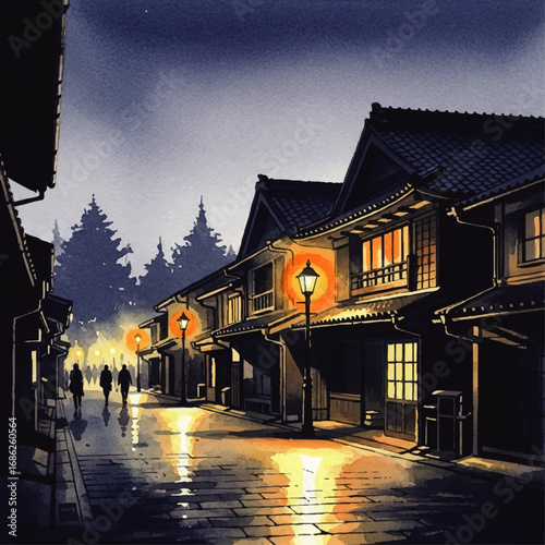 Watercolor painting of a Japanese street scene at dusk, illuminated by warm streetlights, with figures walking.