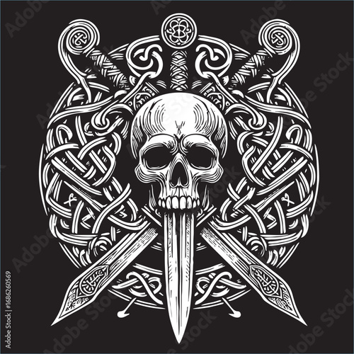 A illustrator vector of Celtic Skull head with weapon drawing in black white line