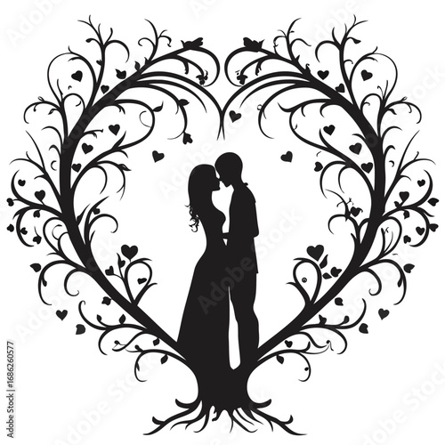 Romantic Silhouette of Couple Embracing Beneath Heart Shaped Tree A Symbolic Depiction of Love Connection and Nature's Embrace