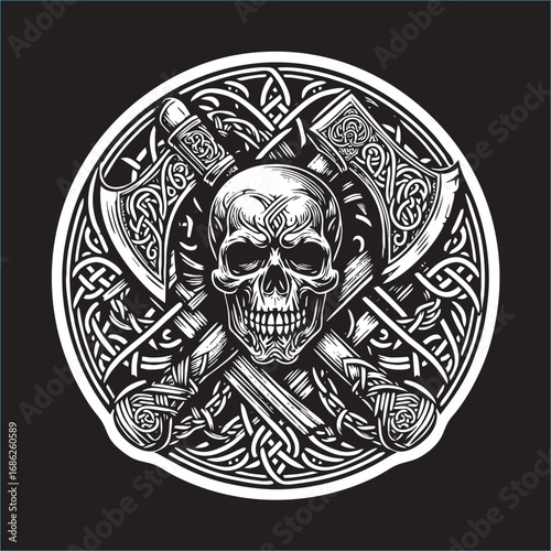A illustrator vector of Celtic Skull head with weapon drawing in black white line