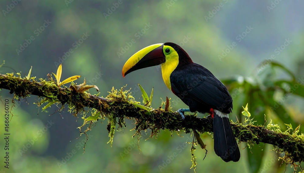 Fototapeta premium Toucan rests on mossy branch